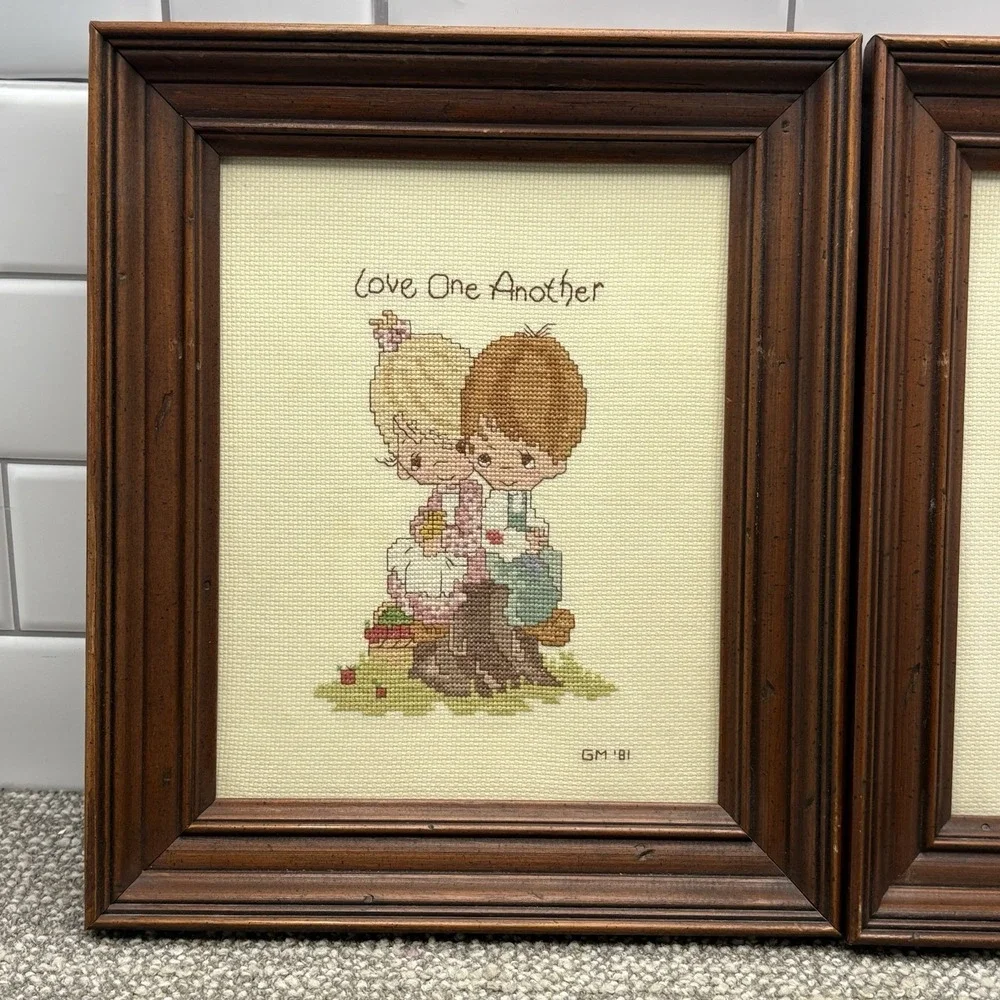 Precious Moments Cross Stitch Framed VTG‎ Christian Pictures W Sayings 1981 Nice